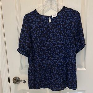 Blue Peplum Blouse with Cuffed Sleeves and Mandarin Collar
